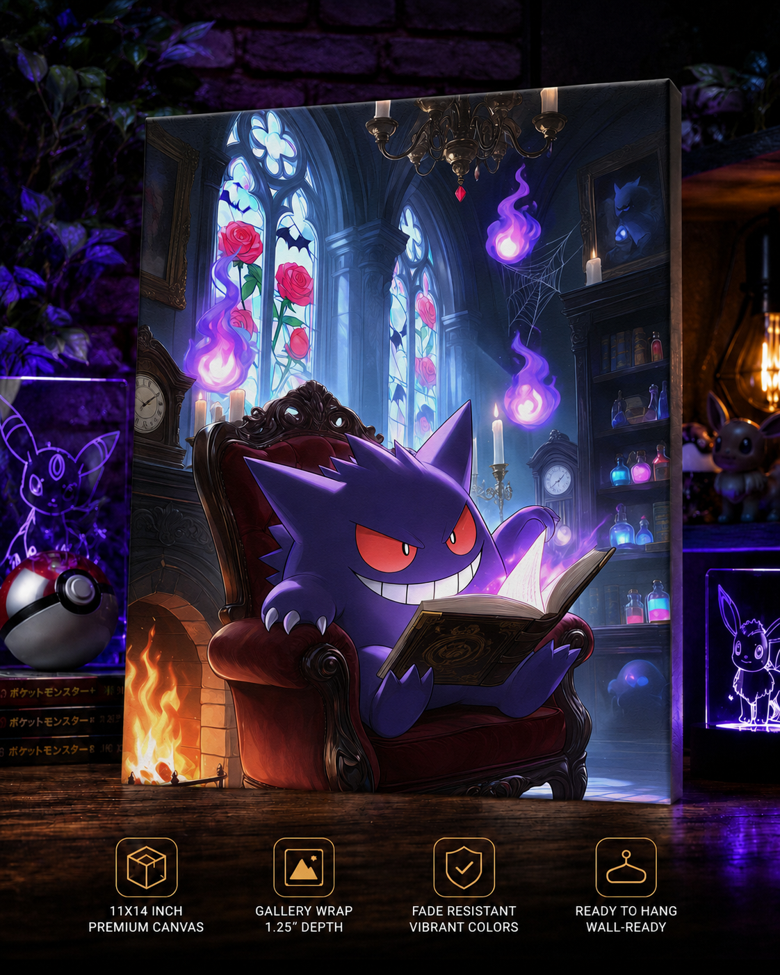 Gengar Inspired Haunted Library Canvas Art | Ghost Pokémon Fantasy Wall Decor | Premium Gallery Wrapped Canvas Print