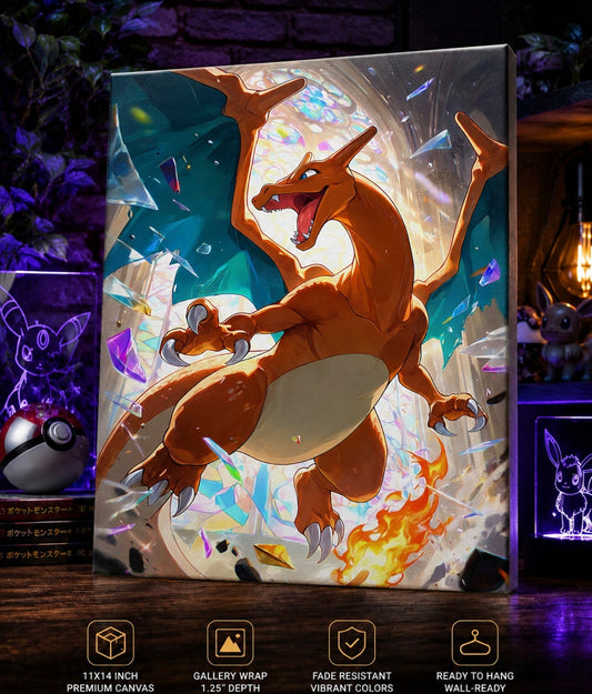 Charizard Inspired Stained Glass Canvas Art | Fantasy Dragon Wall Decor | Premium Gallery Wrapped Canvas Print