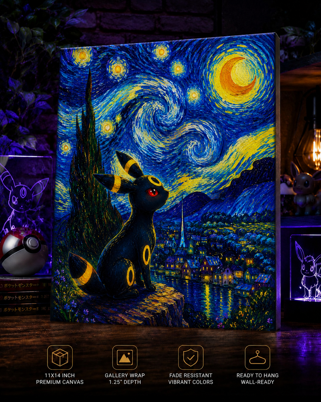 Umbreon Inspired Starry Night Canvas Art | Moonlit Fantasy Wall Decor | Premium Gallery Wrapped Canvas Print