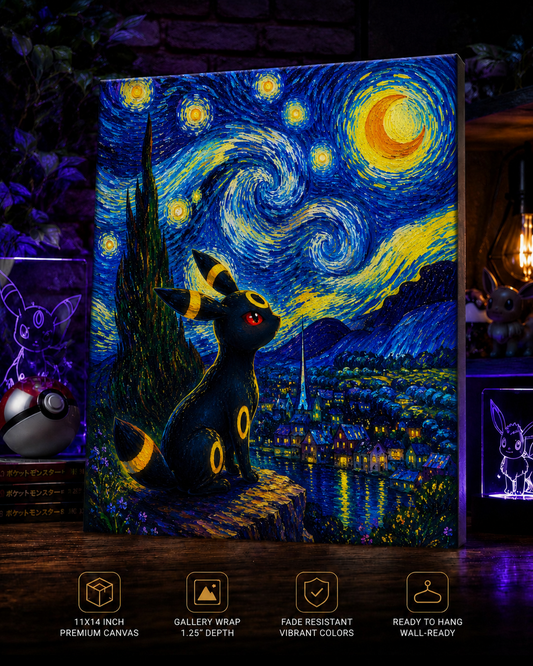 Umbreon Inspired Starry Night Canvas Art | Moonlit Fantasy Wall Decor | Premium Gallery Wrapped Canvas Print
